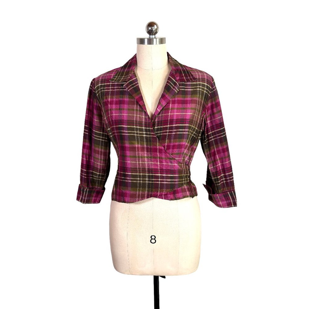 vintage 90s ann taylor plaid 100% silk cropped wrap top 8 blouse shirt party vtg